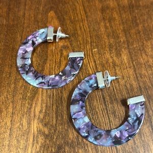 Purple, pink, blue tortoise shell with silver tone, accents, post hoop, earrings